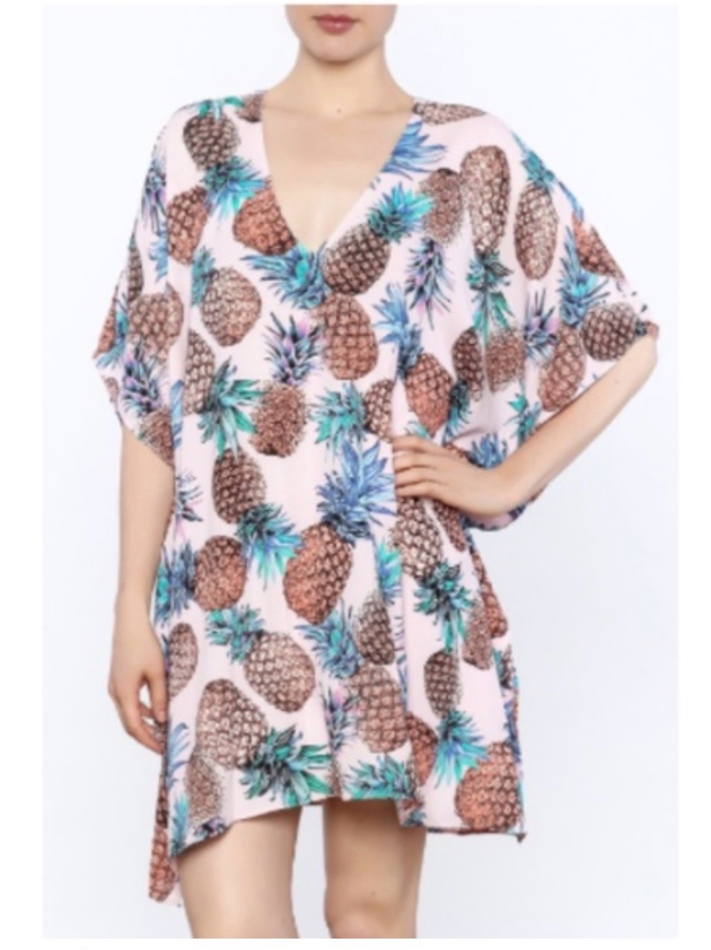 Buddy Love Pink Pineapple Print V-Neck Tunic Caftan/Kaftan